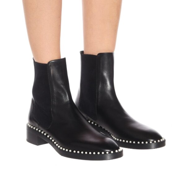 Stuart Weitzman Cline Leather Ankle Boots with Pearl Accents Size 8.5 - Picture 1 of 12